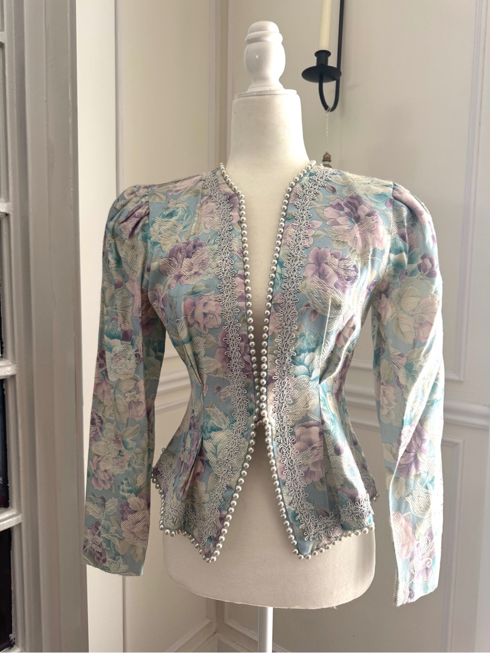 Floral Pastel Tailored Blazer with Pearl Trim